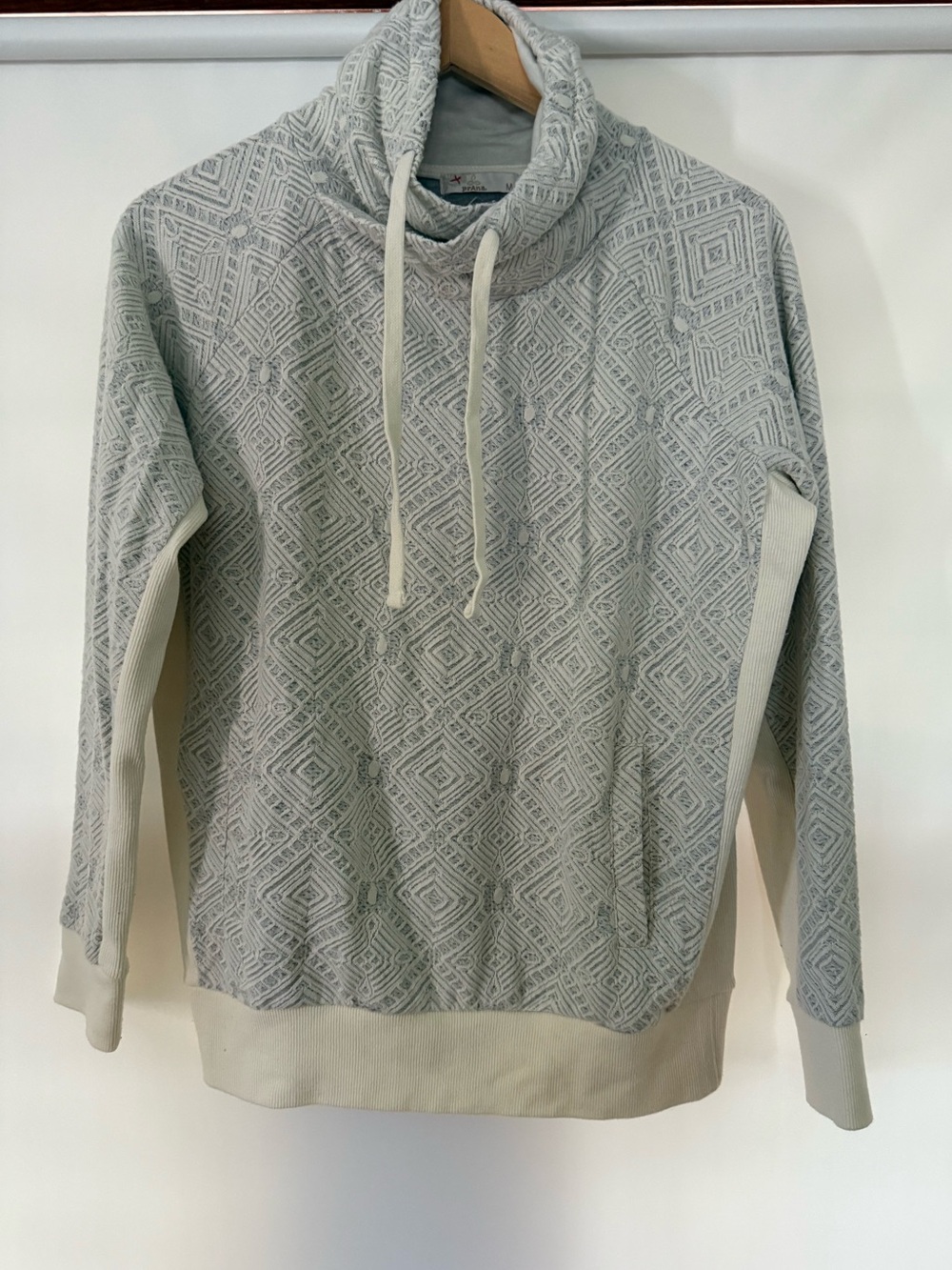 Prana Gotu Pullover Gray and Cream Cowl Neck long Sleeve Sweatshirt, size medium